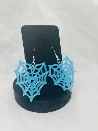 Glowing Spiderweb Heart Earrings (Blue)