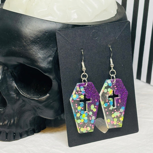 Coffin Earrings (Purple & Pastel Glitter)