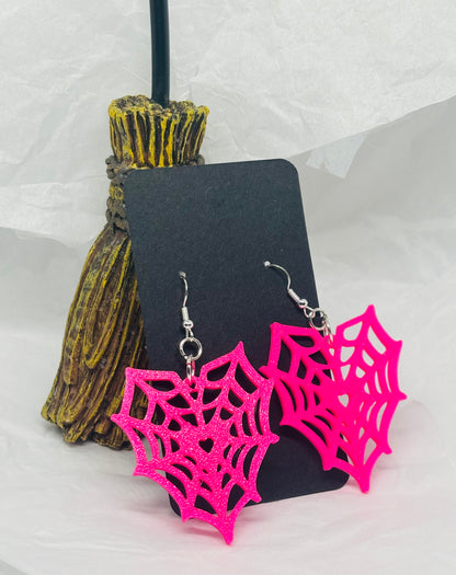 Spiderweb Heart Earrings (Hot Pink)