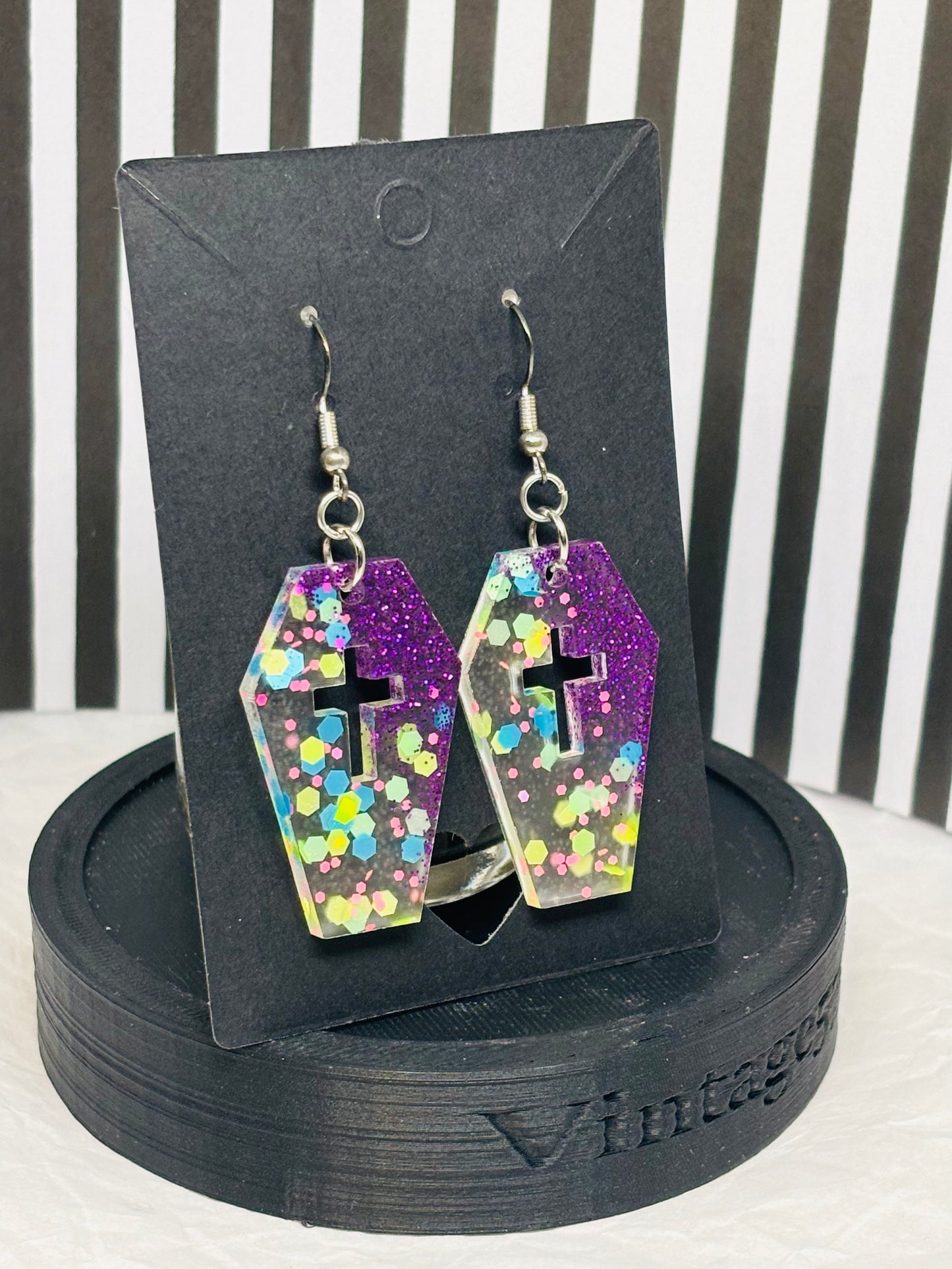 Coffin Earrings (Purple & Pastel Glitter)