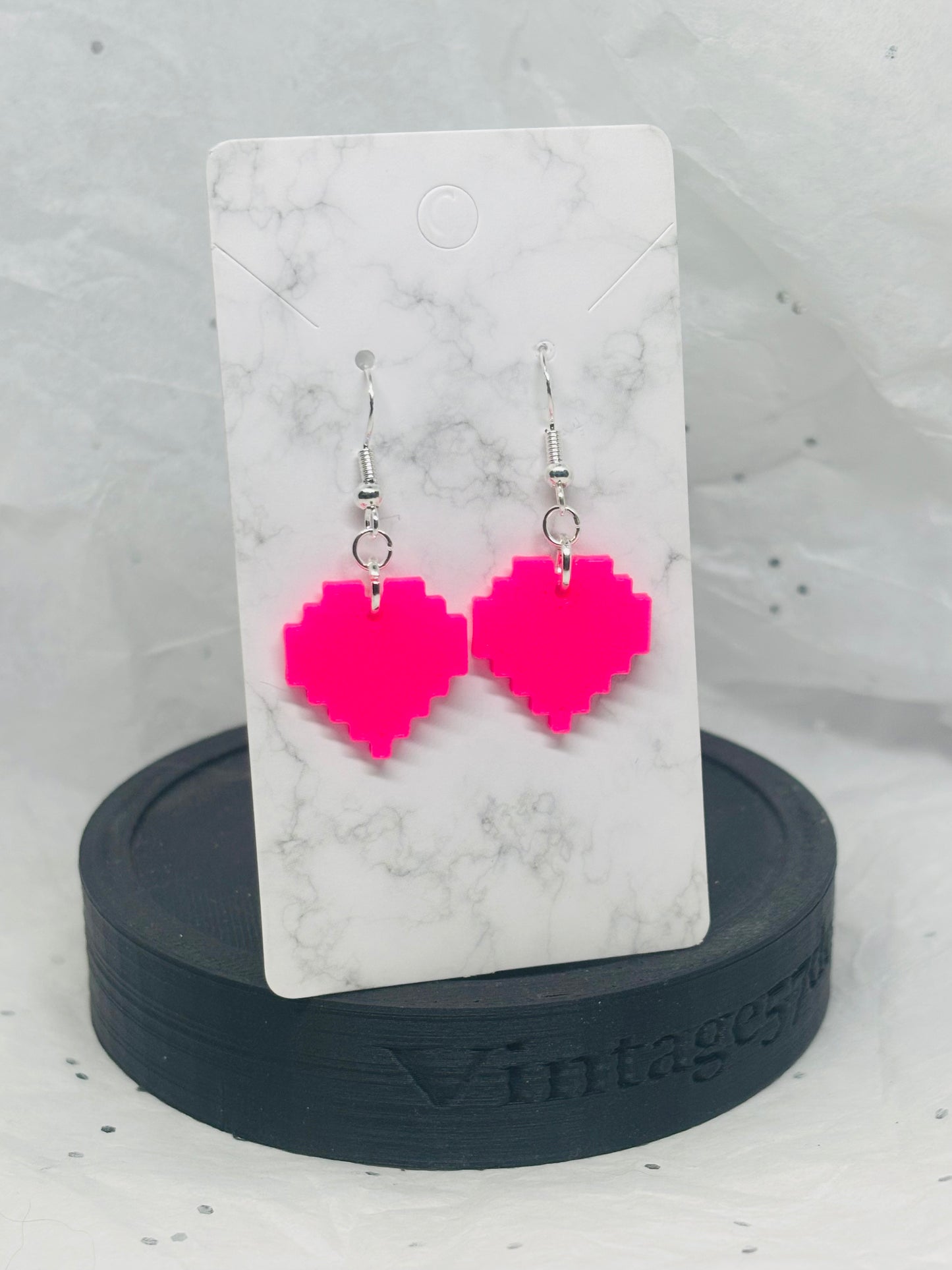 Small Pixel Heart Earrings (Hot Pink)