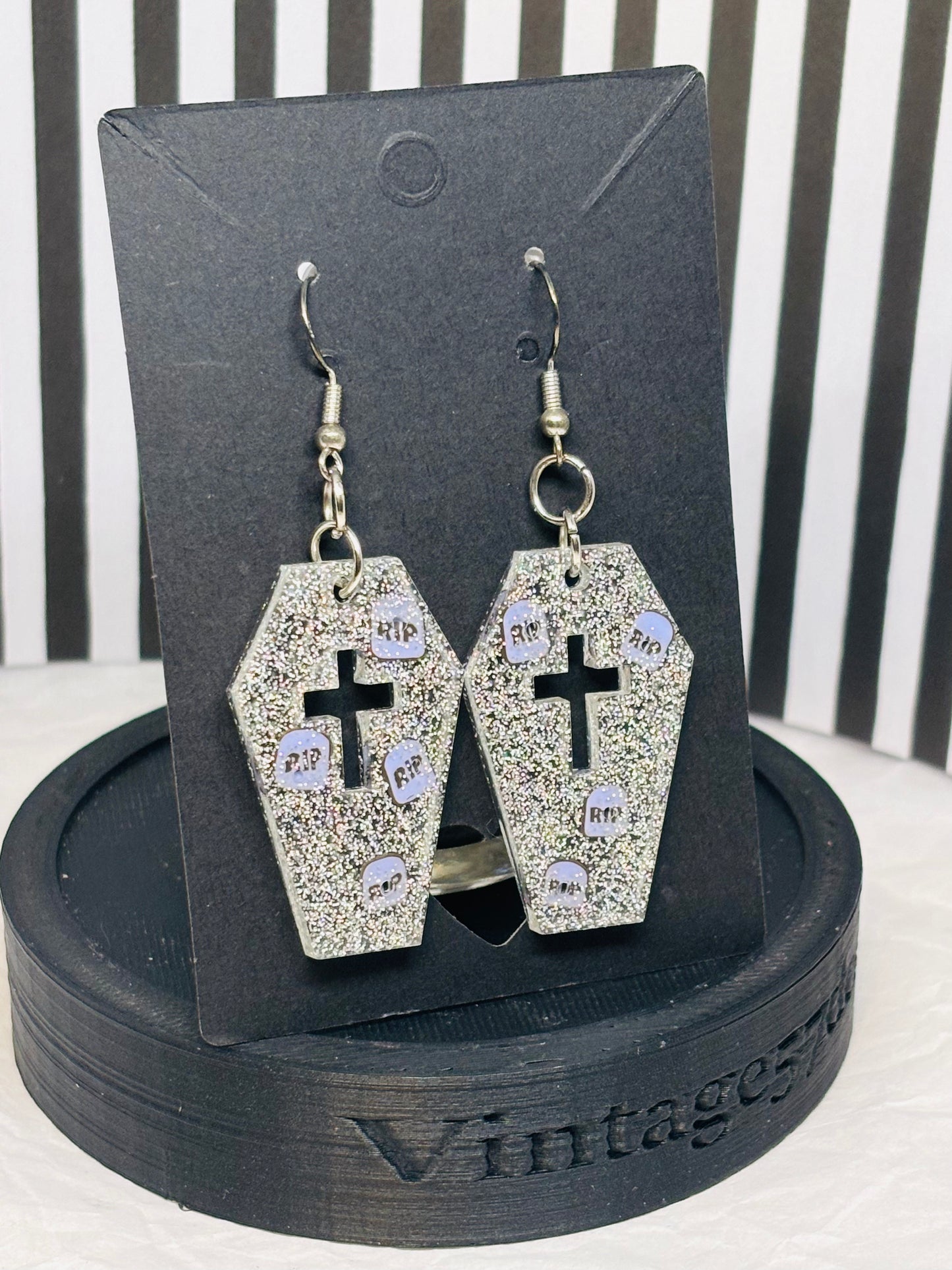 Coffin Earrings w/RIP Bits (Silver)